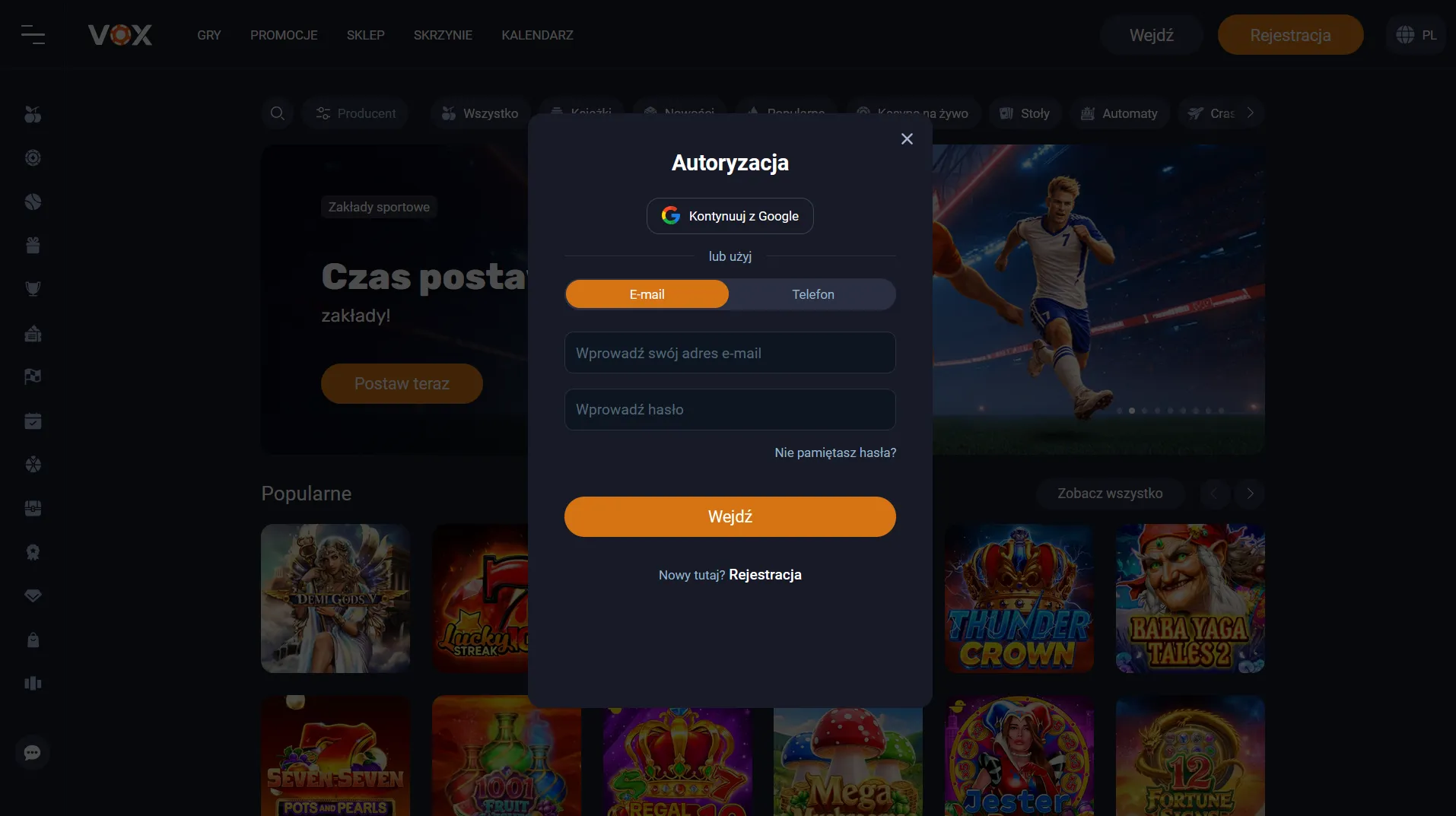 Vox Casino logowanie — panel konta po zalogowaniu